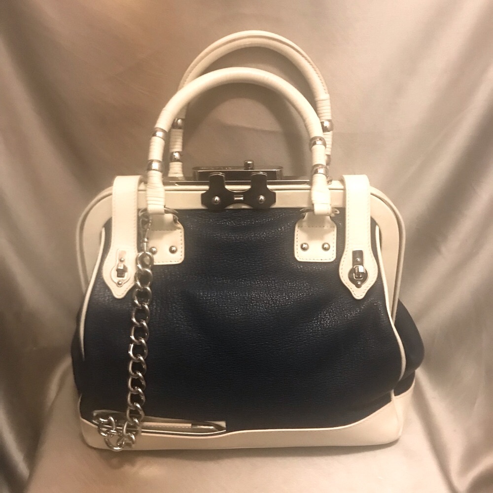 Zac Posen Runway Cream w/ Navy Trim Aurora Satchel 100% Leather Handbag